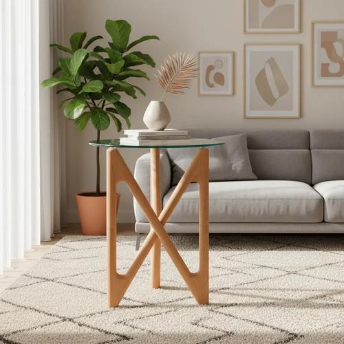 Mesa Baja Fever Ratona 40 Cm, Patas Madera Y Vidrio Templado Marrón Claro