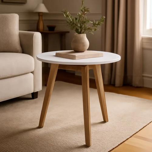 Mesa Baja - Ratona Fly Símil Mármol Patas De Madera 40 Cm.