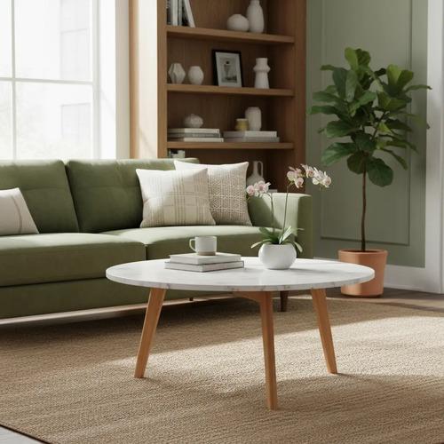 Mesa Baja - Ratona Icon Símil Mármol Patas De Madera 80 Cm.