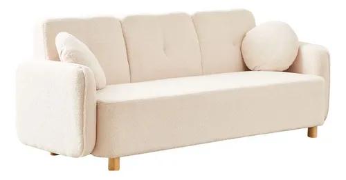 Makom Sofá Teddy 3 Cpos Tapizado Bouclé Soft 2 Almohadones Redondo Color Beige
