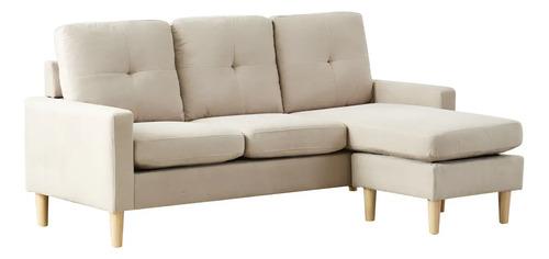 Sofá Esquinero Classic 3 Cuerpos Con Puff Tapizado En Lino Antimanchas Beige Makom Con Patas De Madera De Haya Laqueadas Al Natural, Chaise Longue Adaptable A Tres Posiciones