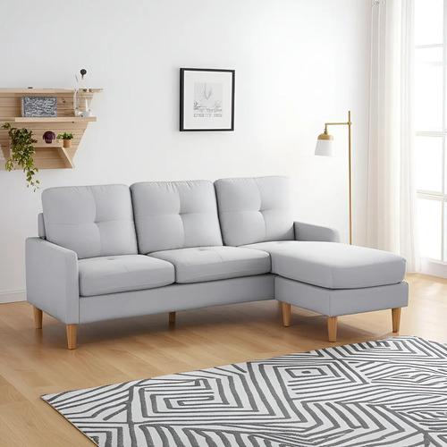 Sofá Esquinero Classic 3 Cuerpos Con Puff Tapizado En Lino Antimanchas Gris Makom Con Patas De Madera De Haya Laqueadas Al Natural, Chaise Longue Adaptable A Tres Posiciones