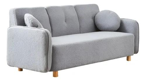 Sofá Teddy 3 Cpos Tapizado Bouclé Soft 2 Almohadones Redondo Color Gris